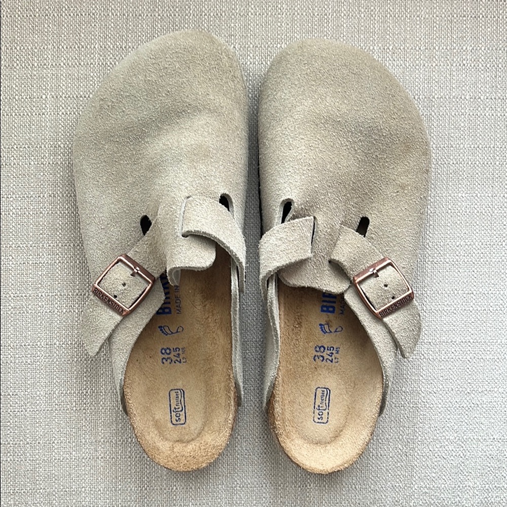Birkenstock Suede Boston Clogs Taupe Size 38 Soft Footbed